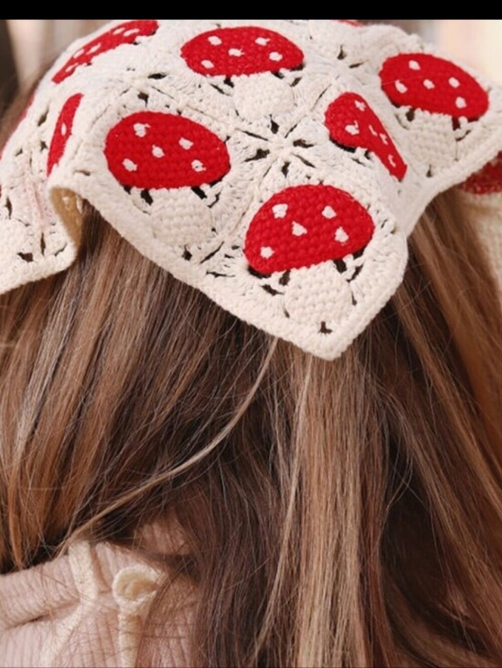 Handmade Crocheted Triangle Scarf with Red Mushroom.